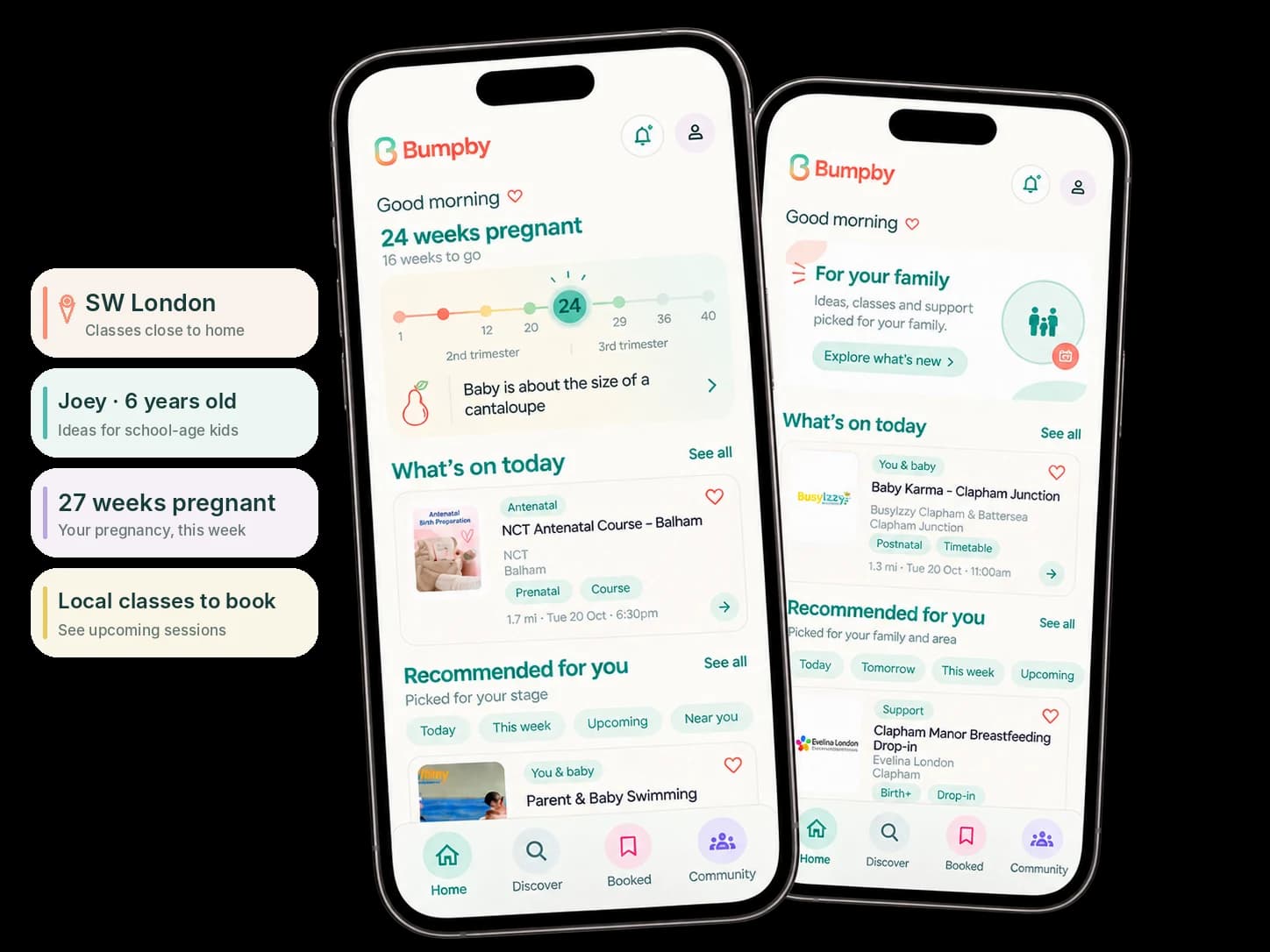 Bumpby app preview with pregnancy and family screens and personalised details for SW London, Joey aged six, pregnancy updates and local classes to book
